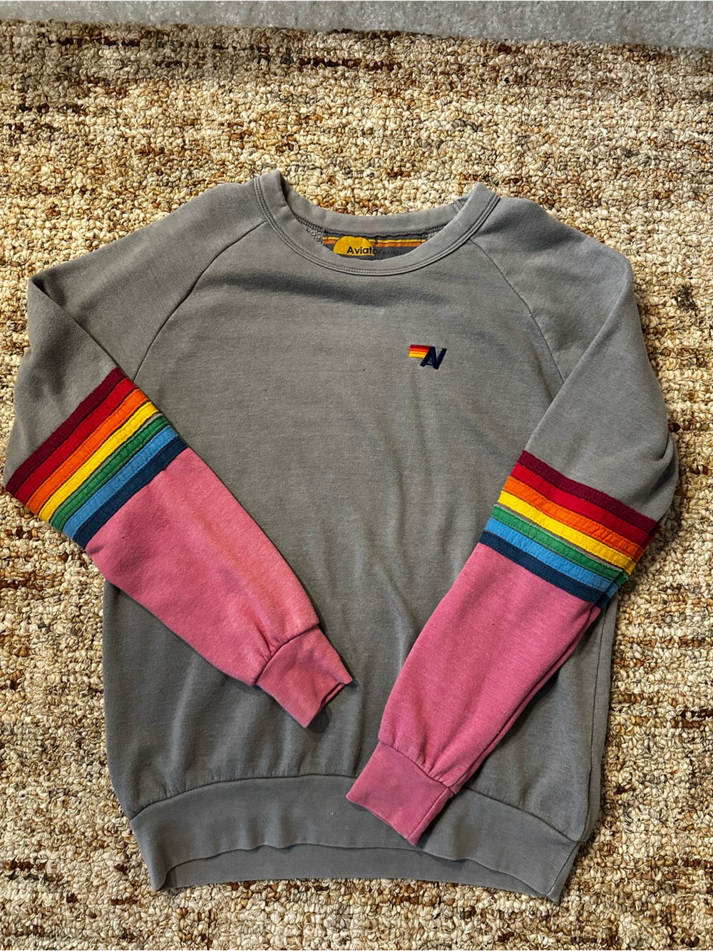 Rare Aviator Nation Gray Sweatshirt with Pink Sleeves and Rainbow Stripes